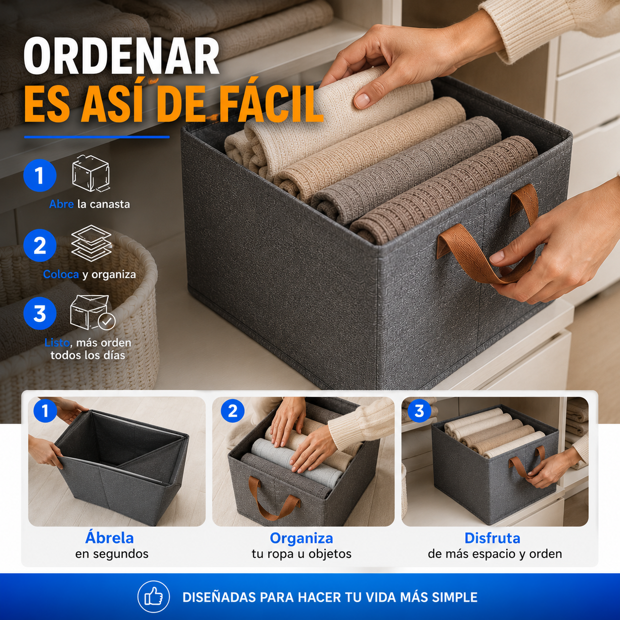 Pack x3 Canastos Organizadores Plegables - 40x30x20 cm